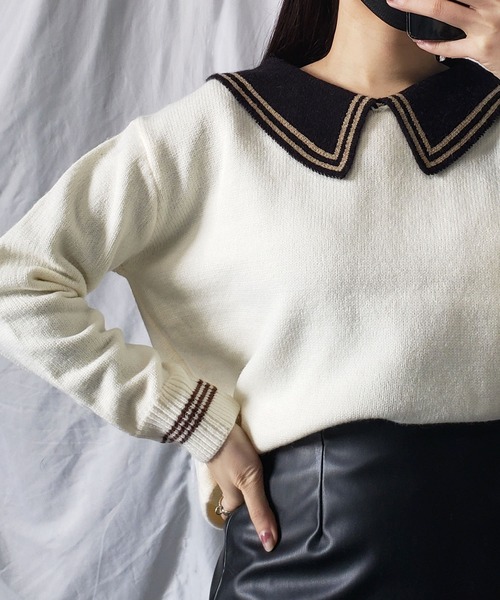 me+em select(ミームセレクト)の「ライン襟クロップドカラーニットプルオーバー(ニット/セーター・レディース・ベージュ/オレンジ/ブルー/グリーン/アイボリー・FREE)」の2枚目の写真