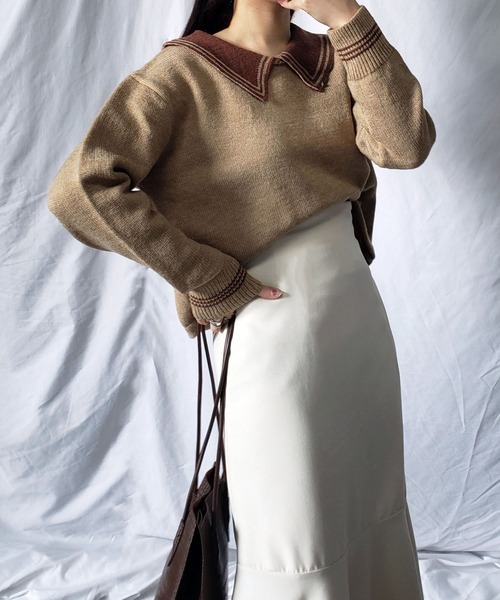 me+em select(ミームセレクト)の「ライン襟クロップドカラーニットプルオーバー(ニット/セーター・レディース・ベージュ/オレンジ/ブルー/グリーン/アイボリー・FREE)」の21枚目の写真