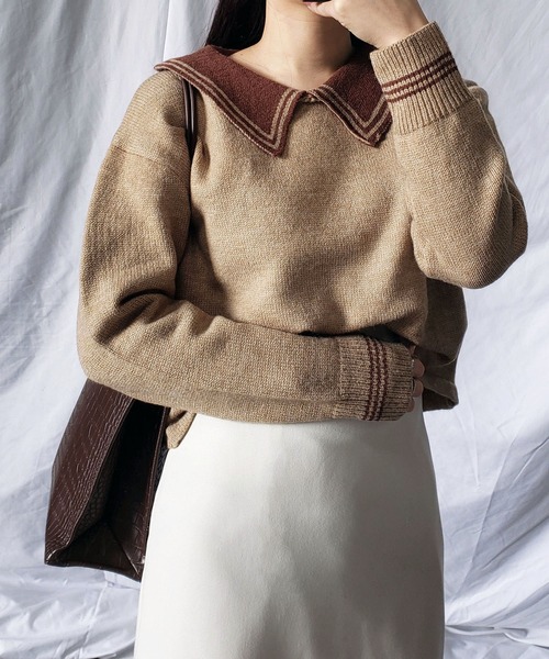 me+em select(ミームセレクト)の「ライン襟クロップドカラーニットプルオーバー(ニット/セーター・レディース・ベージュ/オレンジ/ブルー/グリーン/アイボリー・FREE)」の20枚目の写真
