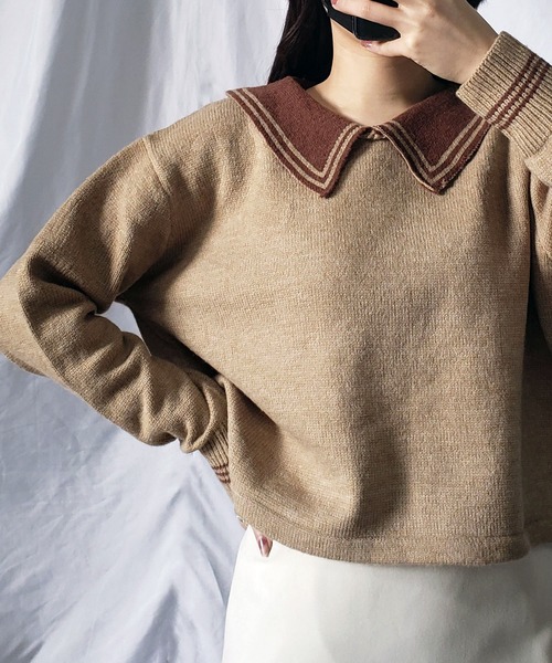 me+em select(ミームセレクト)の「ライン襟クロップドカラーニットプルオーバー(ニット/セーター・レディース・ベージュ/オレンジ/ブルー/グリーン/アイボリー・FREE)」の19枚目の写真