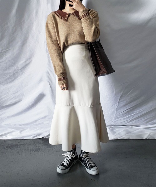 me+em select(ミームセレクト)の「ライン襟クロップドカラーニットプルオーバー(ニット/セーター・レディース・ベージュ/オレンジ/ブルー/グリーン/アイボリー・FREE)」の22枚目の写真