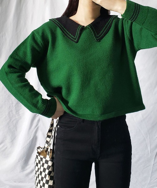 me+em select(ミームセレクト)の「ライン襟クロップドカラーニットプルオーバー(ニット/セーター・レディース・ベージュ/オレンジ/ブルー/グリーン/アイボリー・FREE)」の10枚目の写真