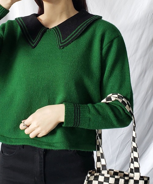 me+em select(ミームセレクト)の「ライン襟クロップドカラーニットプルオーバー(ニット/セーター・レディース・ベージュ/オレンジ/ブルー/グリーン/アイボリー・FREE)」の11枚目の写真