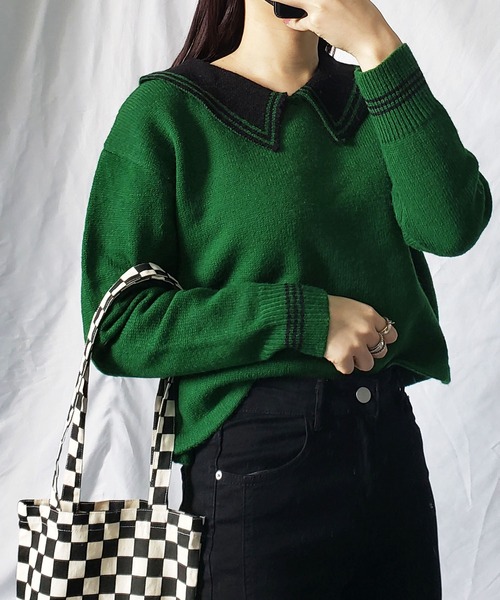 me+em select(ミームセレクト)の「ライン襟クロップドカラーニットプルオーバー(ニット/セーター・レディース・ベージュ/オレンジ/ブルー/グリーン/アイボリー・FREE)」の12枚目の写真