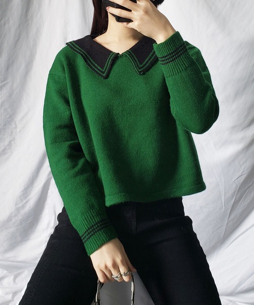 me+em select(ミームセレクト)の「ライン襟クロップドカラーニットプルオーバー(ニット/セーター・レディース・ベージュ/オレンジ/ブルー/グリーン/アイボリー・FREE)」の13枚目の写真