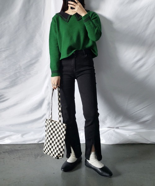 me+em select(ミームセレクト)の「ライン襟クロップドカラーニットプルオーバー(ニット/セーター・レディース・ベージュ/オレンジ/ブルー/グリーン/アイボリー・FREE)」の14枚目の写真