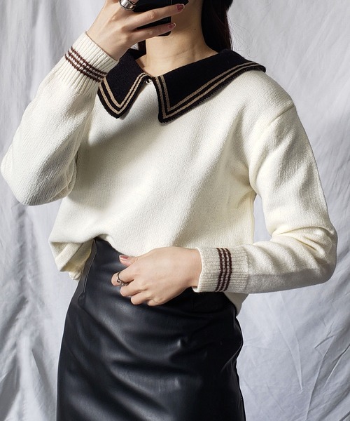 me+em select(ミームセレクト)の「ライン襟クロップドカラーニットプルオーバー(ニット/セーター・レディース・ベージュ/オレンジ/ブルー/グリーン/アイボリー・FREE)」の15枚目の写真