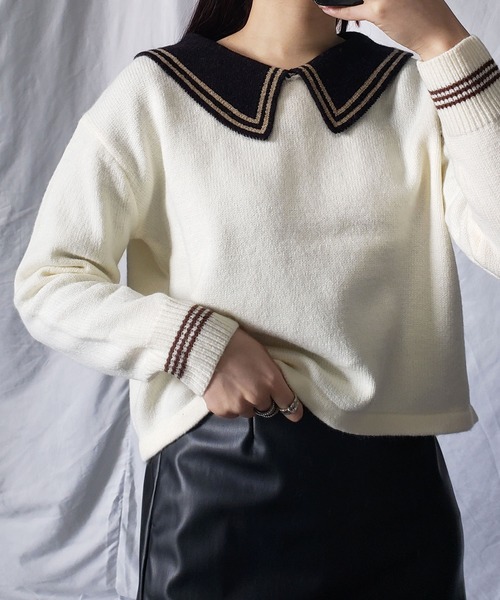 me+em select(ミームセレクト)の「ライン襟クロップドカラーニットプルオーバー(ニット/セーター・レディース・ベージュ/オレンジ/ブルー/グリーン/アイボリー・FREE)」の16枚目の写真