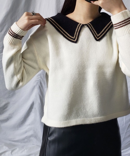 me+em select(ミームセレクト)の「ライン襟クロップドカラーニットプルオーバー(ニット/セーター・レディース・ベージュ/オレンジ/ブルー/グリーン/アイボリー・FREE)」の17枚目の写真