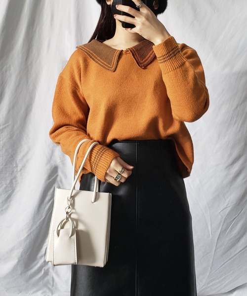 me+em select(ミームセレクト)の「ライン襟クロップドカラーニットプルオーバー(ニット/セーター・レディース・ベージュ/オレンジ/ブルー/グリーン/アイボリー・FREE)」の7枚目の写真