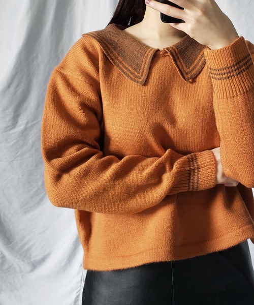 me+em select(ミームセレクト)の「ライン襟クロップドカラーニットプルオーバー(ニット/セーター・レディース・ベージュ/オレンジ/ブルー/グリーン/アイボリー・FREE)」の8枚目の写真