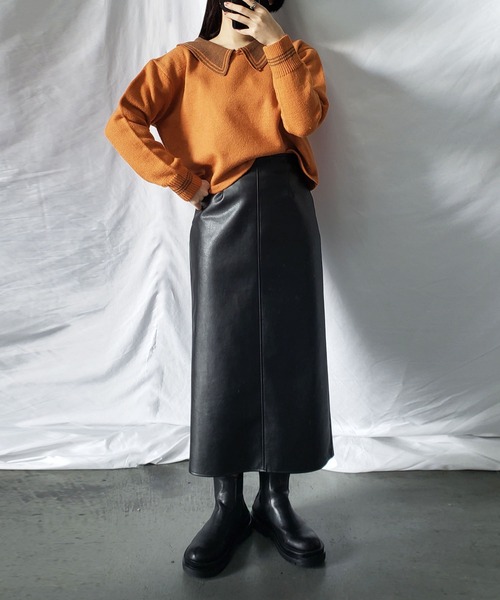 me+em select(ミームセレクト)の「ライン襟クロップドカラーニットプルオーバー(ニット/セーター・レディース・ベージュ/オレンジ/ブルー/グリーン/アイボリー・FREE)」の9枚目の写真