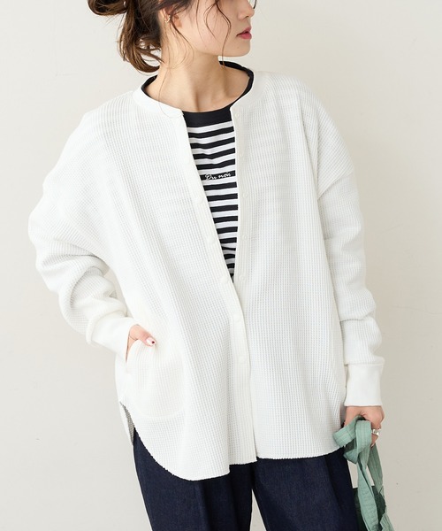 PUAL CE CIN（ピュアルセシン）の「ワッフル前あきロングスリーブ（Tシャツ/カットソー・レディース・ベージュ/グレー/オフホワイト・FREE）」の4枚目の写真