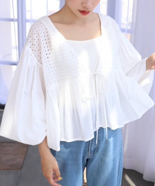 moment+（モーメントプラス）の「インド綿100％コットンボイル カットワーク刺繍ショート丈カーデブラウス（シャツ/ブラウス・レディース・ブラック/オフホワイト/ミント/ラベンダー・FREE）」の2枚目の写真