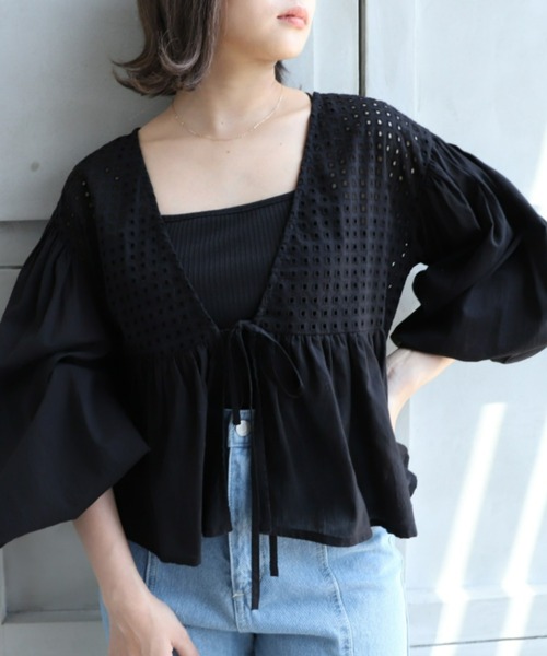 moment+（モーメントプラス）の「インド綿100％コットンボイル カットワーク刺繍ショート丈カーデブラウス（シャツ/ブラウス・レディース・ブラック/オフホワイト/ミント/ラベンダー・FREE）」の13枚目の写真