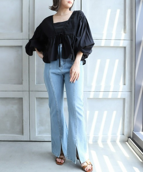 moment+（モーメントプラス）の「インド綿100％コットンボイル カットワーク刺繍ショート丈カーデブラウス（シャツ/ブラウス・レディース・ブラック/オフホワイト/ミント/ラベンダー・FREE）」の15枚目の写真