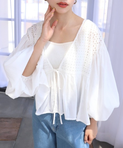 moment+（モーメントプラス）の「インド綿100％コットンボイル カットワーク刺繍ショート丈カーデブラウス（シャツ/ブラウス・レディース・ブラック/オフホワイト/ミント/ラベンダー・FREE）」の5枚目の写真