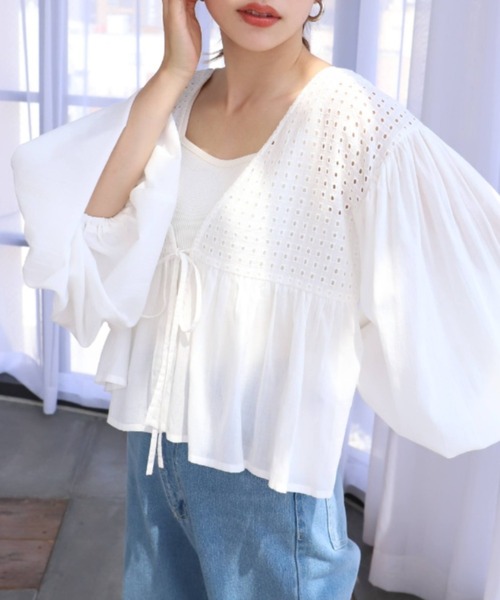 moment+（モーメントプラス）の「インド綿100％コットンボイル カットワーク刺繍ショート丈カーデブラウス（シャツ/ブラウス・レディース・ブラック/オフホワイト/ミント/ラベンダー・FREE）」の8枚目の写真