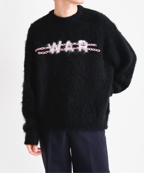 NEONSIGN(ネオンサイン)の「NEONSIGN ネオンサイン / No war mohair jumper 「ノーウォー」 モヘアシャギージャンパー オーバーサイズニット ロゴセーター / N1618(ニット/セーター・メンズ・ブラック・44/46/48/38)」の6枚目の写真