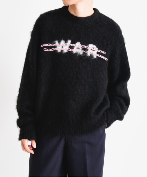NEONSIGN(ネオンサイン)の「NEONSIGN ネオンサイン / No war mohair jumper 「ノーウォー」 モヘアシャギージャンパー オーバーサイズニット ロゴセーター / N1618(ニット/セーター・メンズ・ブラック・44/46/48/38)」の5枚目の写真
