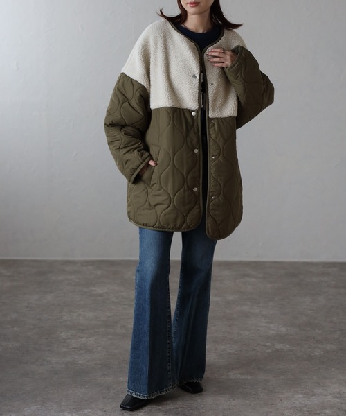 セール】ボア切り替えキルトジャケット / キルティング中綿ブルゾン