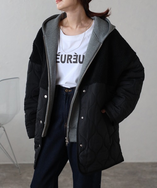 ボアとキルティングの黒いジャケット　11号 大きいサイズ レディース ボア切替え中綿キルティングジャケット kt