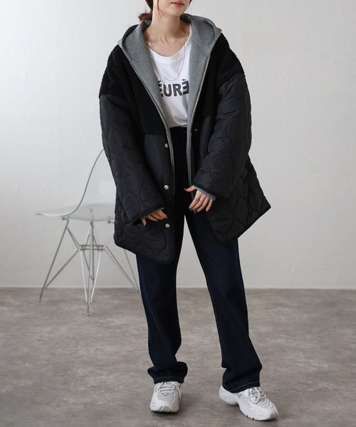 セール】ボア切り替えキルトジャケット / キルティング中綿ブルゾン