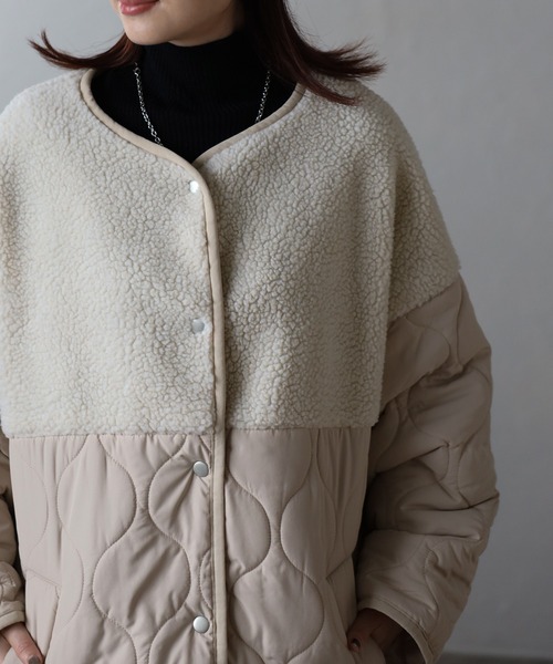 ユーロ古着 異素材 切り替え デザイン A-2 中綿 短丈 ブルゾン ジャケット セール】ボア切り替え中綿ブルゾン/キルトジャケット（ノー