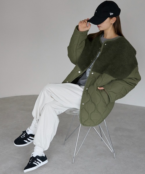 セール】ボア切り替えキルトジャケット / キルティング中綿ブルゾン