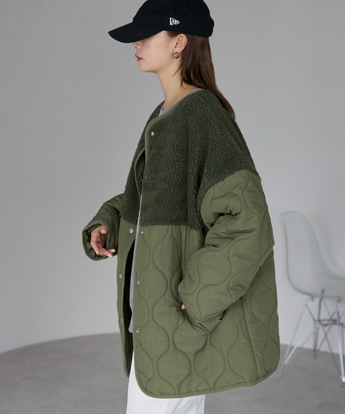セール】ボア切り替えキルトジャケット / キルティング中綿ブルゾン