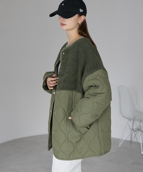 セール】ボア切り替えキルトジャケット / キルティング中綿ブルゾン