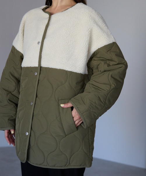 セール】ボア切り替えキルトジャケット / キルティング中綿ブルゾン
