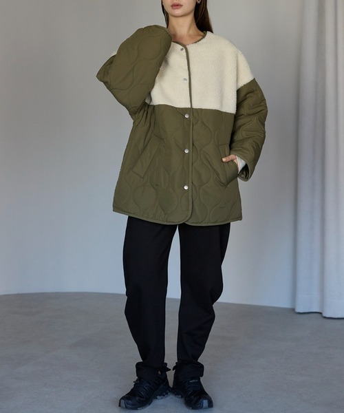 セール】ボア切り替えキルトジャケット / キルティング中綿ブルゾン