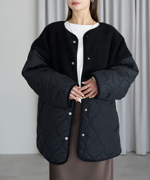 ボアとキルティングの黒いジャケット　11号 大きいサイズ レディース ボア切替え中綿キルティングジャケット kt