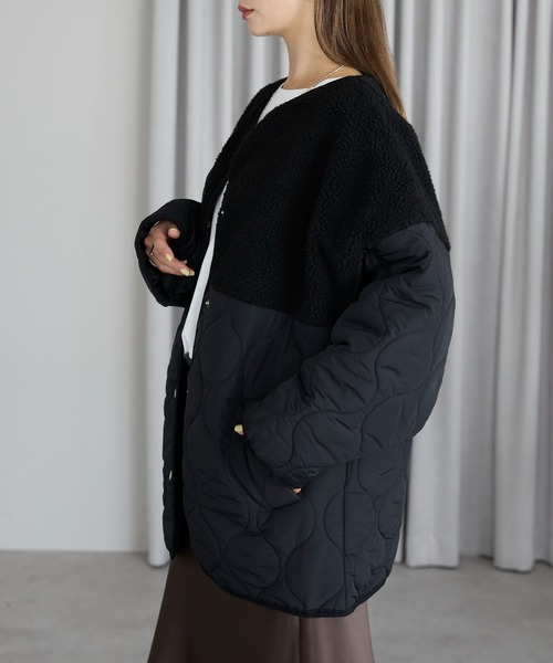 TRIANGLE PALETTE（トライアングルパレット）の「ボア切り替えキルトジャケット / キルティング中綿ブルゾン（ノーカラージャケット・レディース・ブラック×ホワイト/キャメル/ブラック/カーキ/アイボリー/グリーン系その他/ブラウン・FREE）」の16枚目の写真