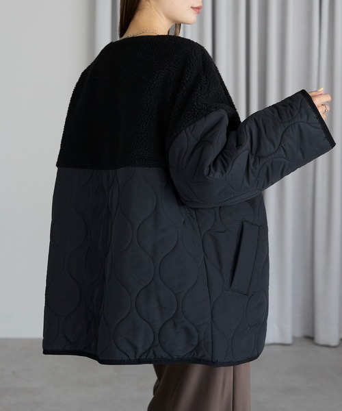 TRIANGLE PALETTE（トライアングルパレット）の「ボア切り替えキルトジャケット / キルティング中綿ブルゾン（ノーカラージャケット・レディース・ブラック×ホワイト/キャメル/ブラック/カーキ/アイボリー/グリーン系その他/ブラウン・FREE）」の17枚目の写真