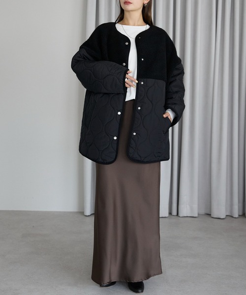 セール】ボア切り替えキルトジャケット / キルティング中綿ブルゾン