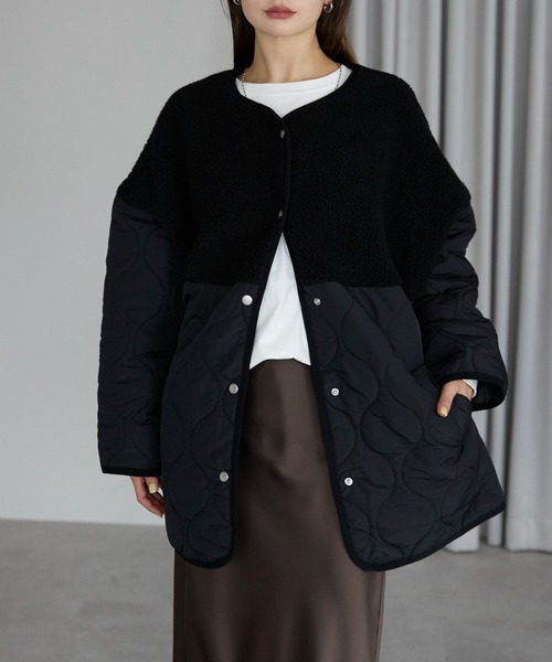 TRIANGLE PALETTE（トライアングルパレット）の「ボア切り替えキルトジャケット / キルティング中綿ブルゾン（ノーカラージャケット・レディース・ブラック×ホワイト/キャメル/ブラック/カーキ/アイボリー/グリーン系その他/ブラウン・FREE）」の14枚目の写真