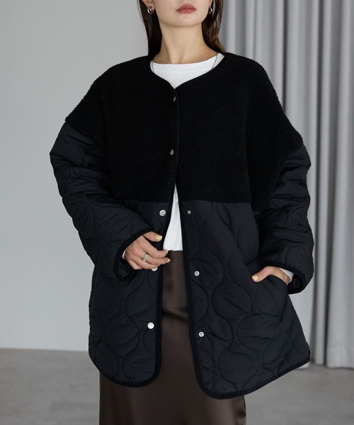 TRIANGLE PALETTE（トライアングルパレット）の「ボア切り替えキルトジャケット / キルティング中綿ブルゾン（ノーカラージャケット・レディース・ブラック×ホワイト/キャメル/ブラック/カーキ/アイボリー/グリーン系その他/ブラウン・FREE）」の15枚目の写真