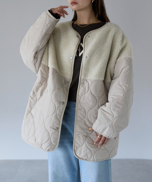 セール】ボア切り替えキルトジャケット / キルティング中綿ブルゾン