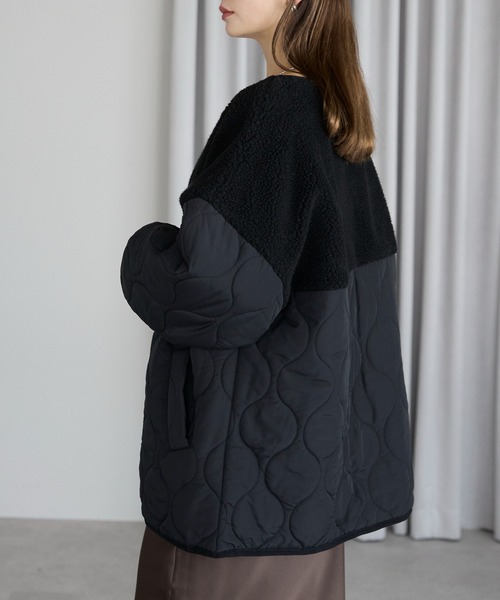 TRIANGLE PALETTE（トライアングルパレット）の「ボア切り替えキルトジャケット / キルティング中綿ブルゾン（ノーカラージャケット・レディース・ブラック×ホワイト/キャメル/ブラック/カーキ/アイボリー/グリーン系その他/ブラウン・FREE）」の18枚目の写真