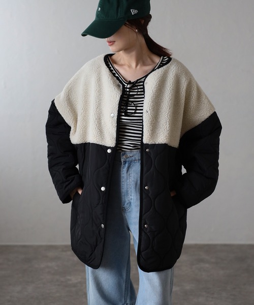 セール】ボア切り替えキルトジャケット / キルティング中綿ブルゾン
