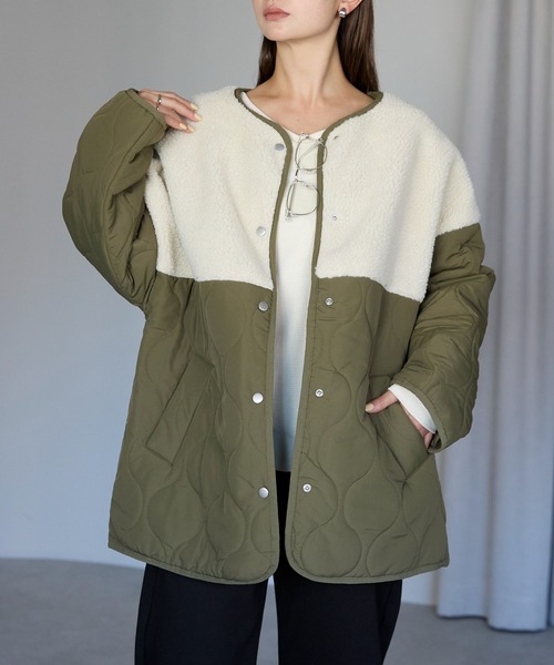 セール】ボア切り替えキルトジャケット / キルティング中綿ブルゾン