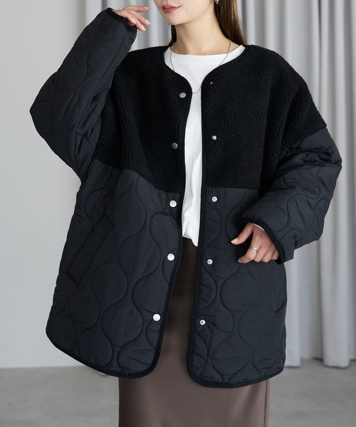 セール】ボア切り替えキルトジャケット / キルティング中綿ブルゾン