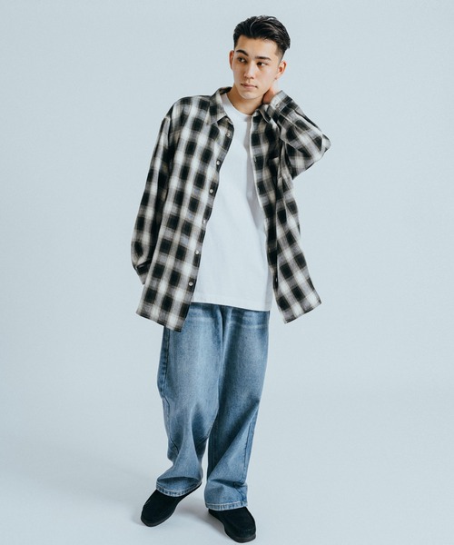 Revo.（レボ）の「オーバーサイズ ルーズシルエット オンブレチェックレギュラーカラー長袖シャツ（シャツ/ブラウス・メンズ・ネイビー/オレンジ/ブラック/サックスブルー/グレー/ブルー・M/L）」の7枚目の写真