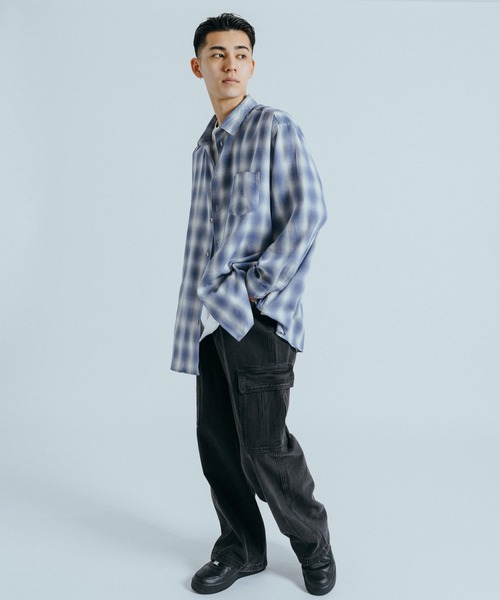 Revo.（レボ）の「オーバーサイズ ルーズシルエット オンブレチェックレギュラーカラー長袖シャツ（シャツ/ブラウス・メンズ・ネイビー/オレンジ/ブラック/サックスブルー/グレー/ブルー・M/L）」の8枚目の写真