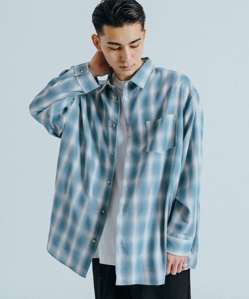 Revo.（レボ）の「オーバーサイズ ルーズシルエット オンブレチェックレギュラーカラー長袖シャツ（シャツ/ブラウス・メンズ・ネイビー/オレンジ/ブラック/サックスブルー/グレー/ブルー・M/L）」の17枚目の写真