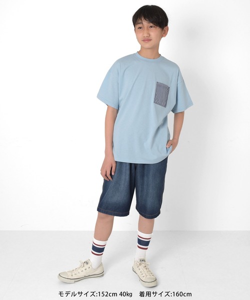 GLAZOS（グラソス）の「【接触冷感】アソートポケット裾ラウンド半袖Tシャツ（Tシャツ/カットソー・キッズ・サックスブルー/ネイビー/ブラック/オフホワイト/チャコールグレー/ホワイト・160cm/130cm/170cm/140cm/150cm）」の8枚目の写真
