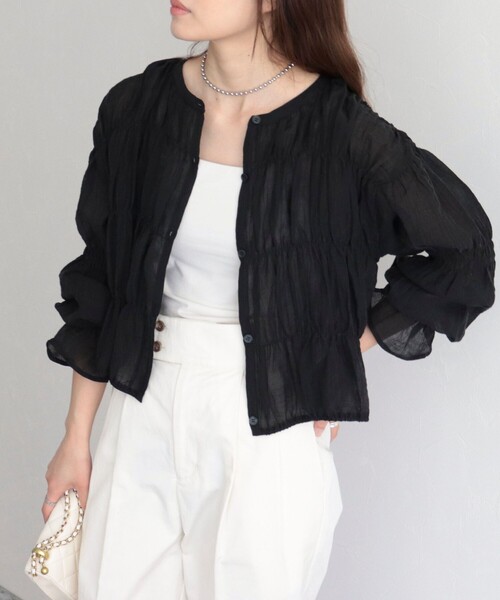 fredy emue（フレディエミュ）の「【fredy emue】シャーリングボレロシャツ（シャツ/ブラウス・レディース・ラベンダー/ブラック/オフホワイト/イエロー/チャコールグレー・38）」の2枚目の写真