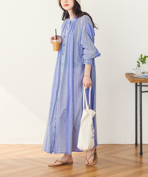 lil nina(リルニーナ)の「コットンボイル シャーリングシャツワンピース(シャツワンピース・レディース・ブルーパープル/ストライプ/ホワイト/ブラック・FREE)」の4枚目の写真